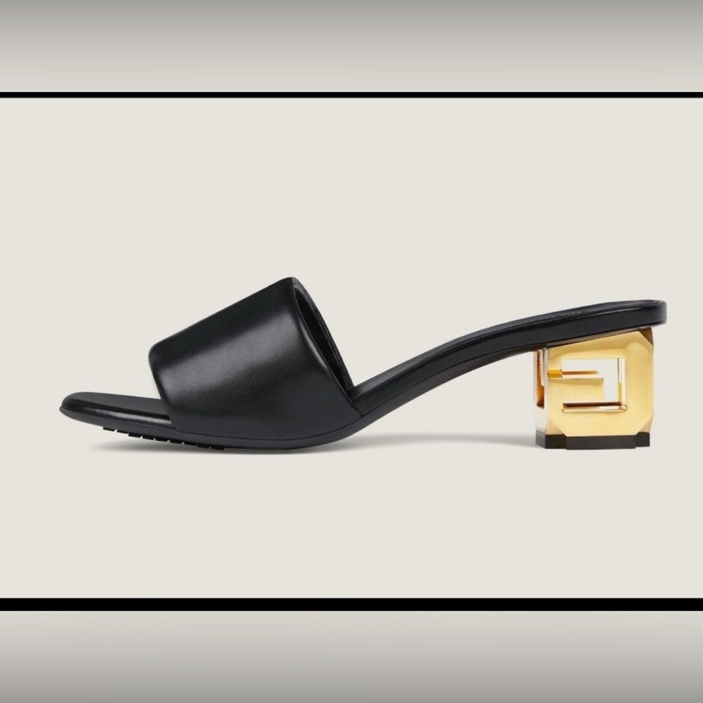 Givenchy Black Leather Slide Mules with Gold Block Heel